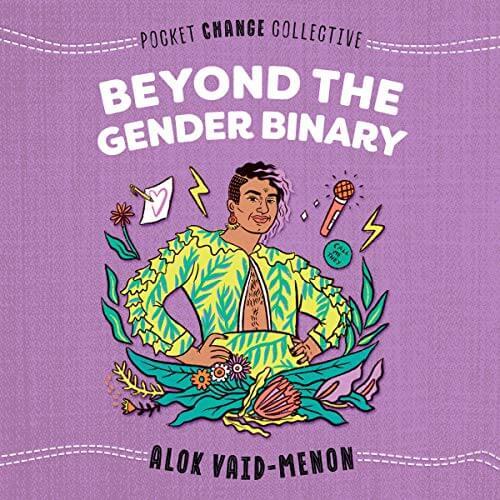 Purple book cover of Beyond the Gender Binary in a stylized jean fabric with an androgonous POC in the center