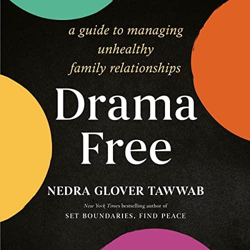 Book cover for the book drama free set with a black background and orange circles